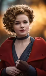 an attractive lady is dressed in a red coat and dark choker