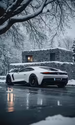 a white sports car is sitting in front of a brick building
