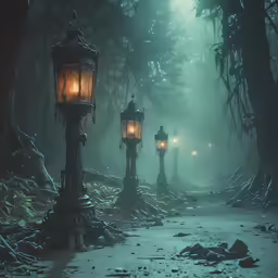 a dark city street with two lighted street lights