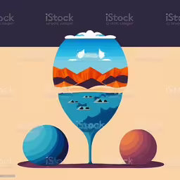 an abstract painting with a blue bowl and two balls,a wine glass and some balls on the ground