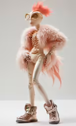 a doll dressed in a skeleton and feathery outfit