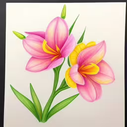 a colored drawing of pink flowers on a white paper,some pink flowers on top of a white board