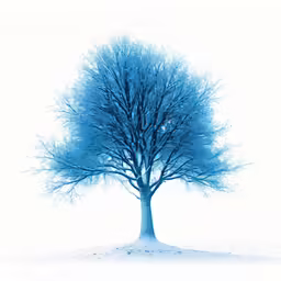 the blue tree is surrounded by snow and frost