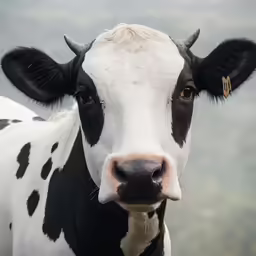 a black and white cow with very large horns