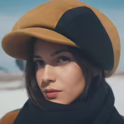 a woman in a hat standing next to a snow bank