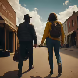 a man and a woman walking down the street holding hands