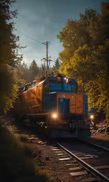 an orange train traveling down tracks with trees,a train driving down the tracks through the trees