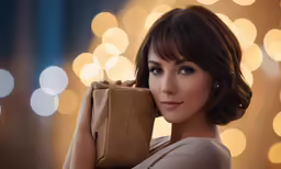 a beautiful woman is holding a purse in front of christmas lights