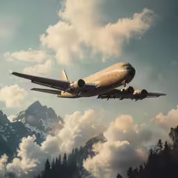 a jet airliner in flight above a mountain range