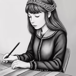a girl at a table drawing with a pencil