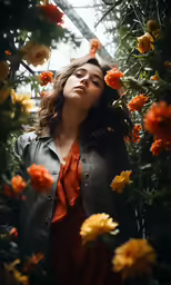 woman in a flower filled forest with orange and yellow flowers