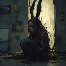 a young woman is sitting on the floor with her hair blowing in front of her