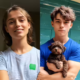 a man and woman holding a small puppy