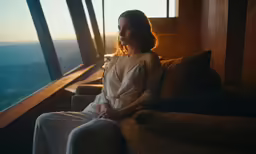 a woman sitting on a couch staring out the window