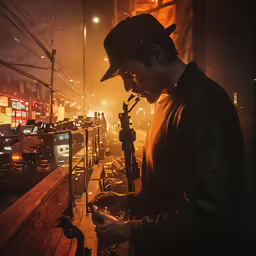 a man checking his cell phone while standing next to a parking lot
