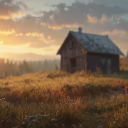 a small house with a rusty roof and door is in the middle of a field