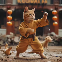 an orange cat dressed up like a martial monk