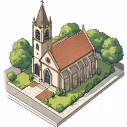 an aerial view of a church in the middle of a street