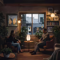 two people in living room looking out window at urban area