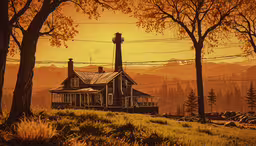a building surrounded by trees on a hill in the mountains,a painting of a house sits in the woods