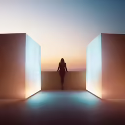 a person standing in a room with two lights on the walls