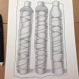 a drawing of three bottles are twisted together,a drawing of three wrapped bottles on a sheet of paper