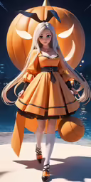 anime girl in orange dress with a pumpkin background