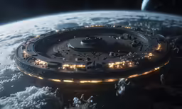 a spaceship ship in space floating around earth