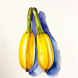 a painting of a pair of bananas hanging on a branch,two bunches of bananas sitting on top of a white surface