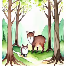a painting of two animals that are next to trees,an art print of two foxes in a forest,an animal painting of two foxes walking through a forest,a painting of two foxes in the woods,this is a picture of an animal in the forest