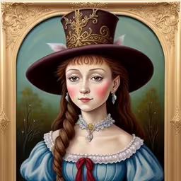 a painting of a lady in an elegant dress,a painting of a woman wearing a hat
