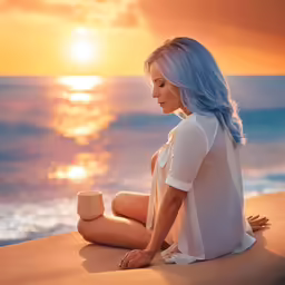 a woman sitting on the beach with her back to the camera