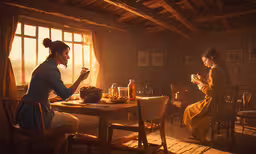 two women sitting at a table in a kitchen,two women are sitting at a table eating