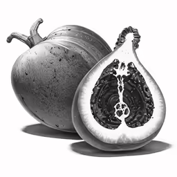 an apple and a melon are featured in this black and white photo