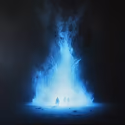 two people stand in the fog under a bright light