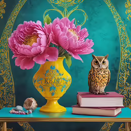 the owl is sitting next to some pink flowers