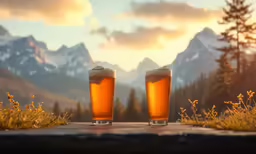 two glasses with different types of beverages are on a ledge