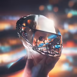a person is holding an image of a human being on a head with a sci - futuristic helmet