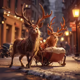 the reindeer are pulling the sleigh on the city street