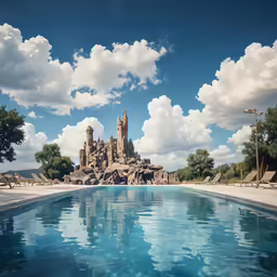 a castle with a pool near by and several people