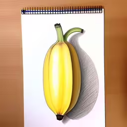 a drawing of a banana is being drawn,a banana is hanging on the side of a spiral notebook,a drawing of a yellow banana on top of paper,a drawing of an unripe banana on paper,the drawing of a banana is hanging on a wall