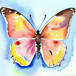 a watercolor painting of a colorful butterfly,a watercolor painting of a butterfly flying,a colorful butterfly sitting on top of blue paper,a drawing of a butterfly with bright colored wings,a picture of a butterfly on a blue background