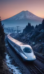 a train rides along an elevated track next to snow covered mountains