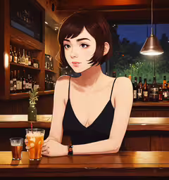 there is a painting of a woman at a bar,a woman sitting at a bar with a drink in her hand