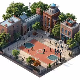 an aerial view of people playing basketball on a small court in a school courtyard