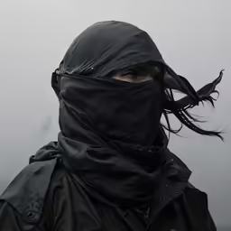 man with black clothes and hood covering his face