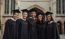 some graduating students standing outside of a building together