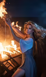 a woman in an elegant white dress holds out her torches