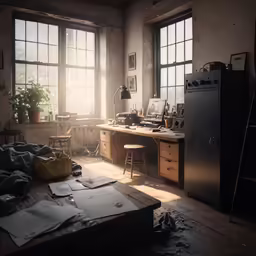 a room with some clothes and a refrigerator