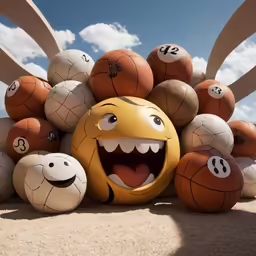 a bunch of balls with faces sitting on top